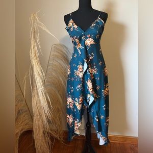 Floral Print Ruffle V-Neck High Slit